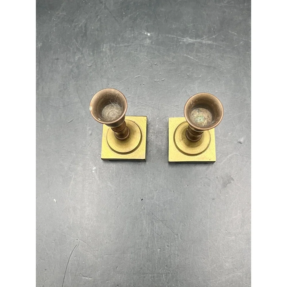 Pair Candlestick Holders Mini‎ Brass Square Base 2.75